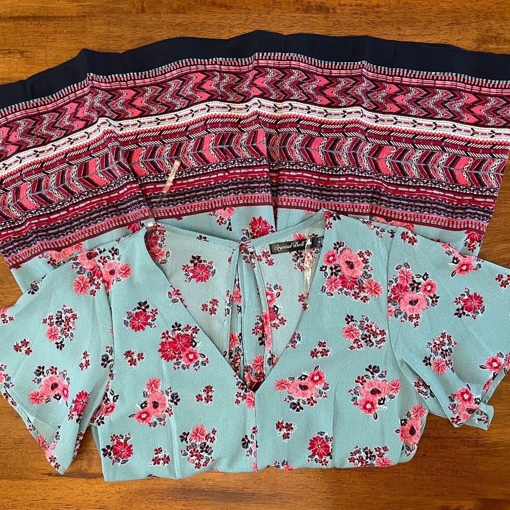 Blue Pink Floral Short-sleeve Summer dress